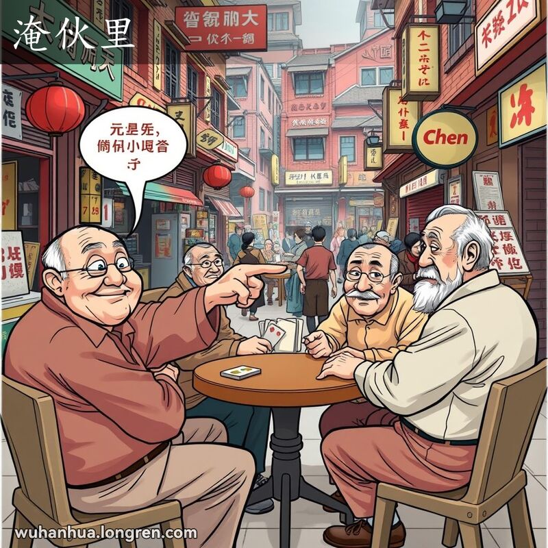 几位老人在武汉老街打牌聊天，一位老人指着姓陈的老人，背景是热闹的市场摊位。