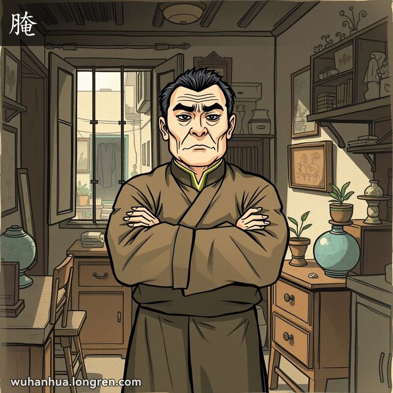 一位中年武汉男子站在杂乱的房间里，表情严肃，双臂紧紧交叉在胸前，背景是武汉老巷。