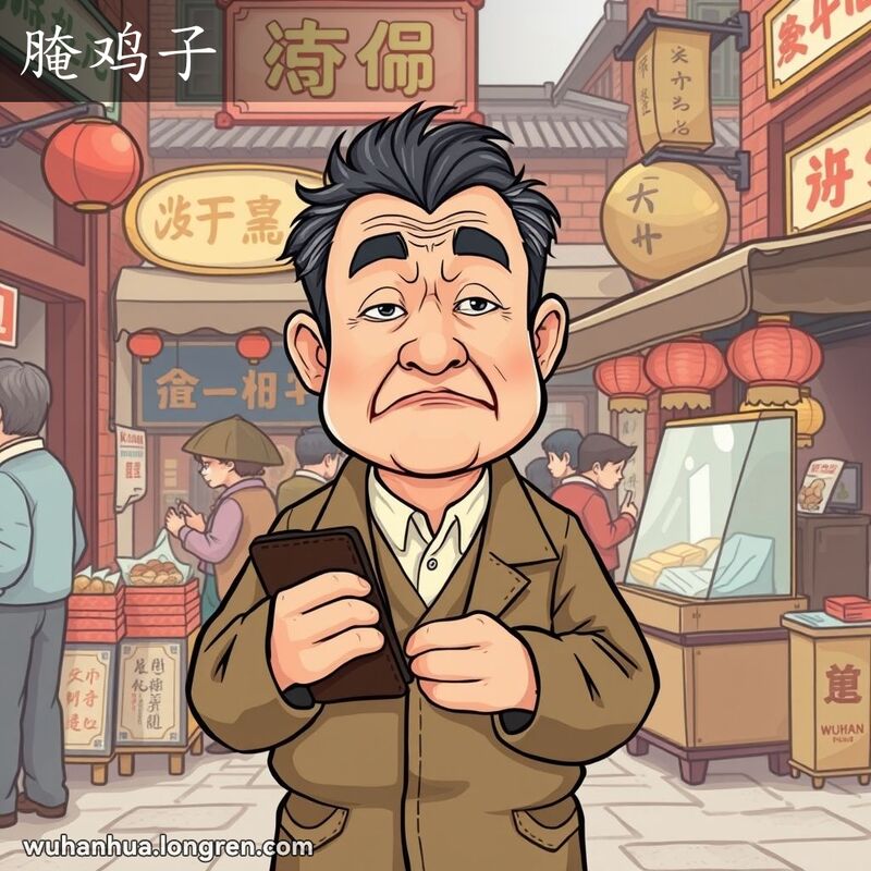 一位中年男子站在武汉街市前，紧握钱包，面露不悦，背景是武汉老街景