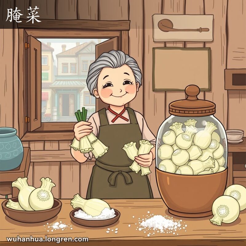 一位武汉老妇人在厨房中手持小白菜和盐，站在装满腌菜的瓷坛旁，背景是武汉老街景