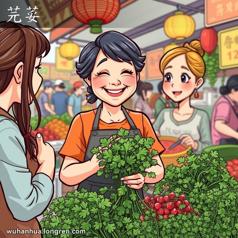 武汉露天市场上，一位小贩手持新鲜的芫荽（香菜），微笑着向顾客展示，背景是热闹的市场摊位。