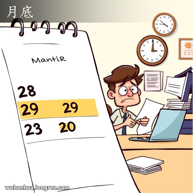 日历页上突出显示了月底的几天，背景中一个人忙着完成任务，桌上堆满文件和电脑，墙上的时钟显示月底即将到来。