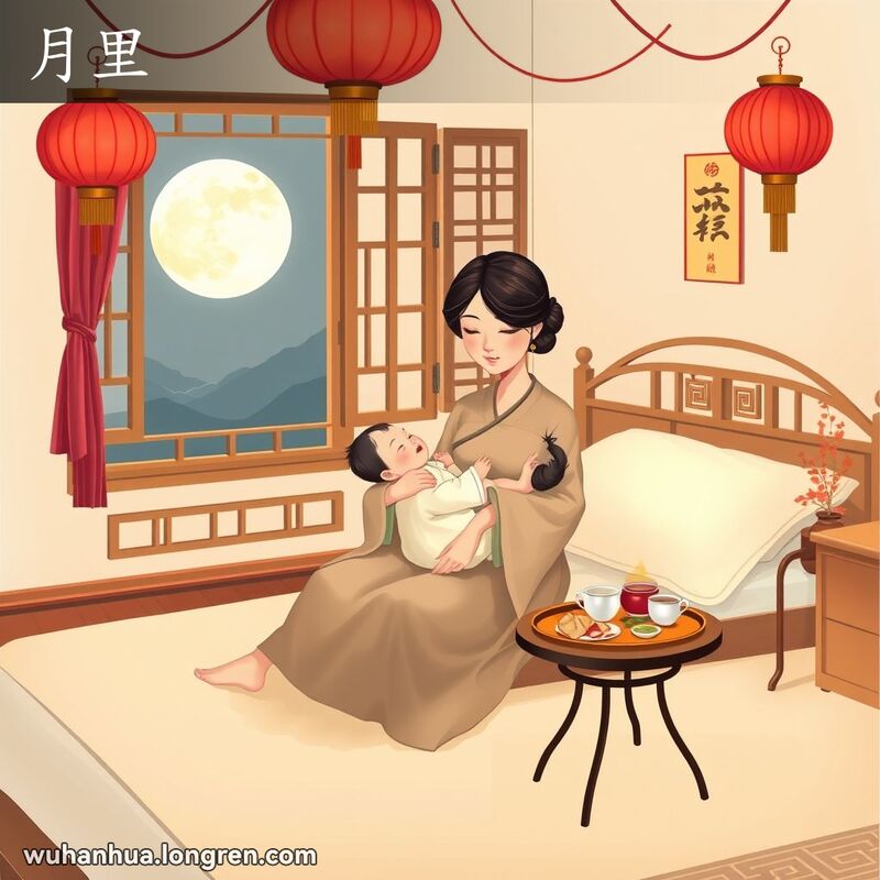 一位新妈妈在传统中式卧室中抱着新生儿，房间装饰着红灯笼和吉祥符号，旁边有滋补的食物和草药茶，背景中有满月。
