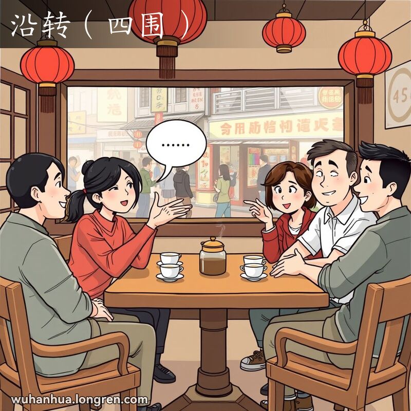 一群朋友在武汉茶馆内围坐，一人用手比划圆圈，背景是武汉老街景