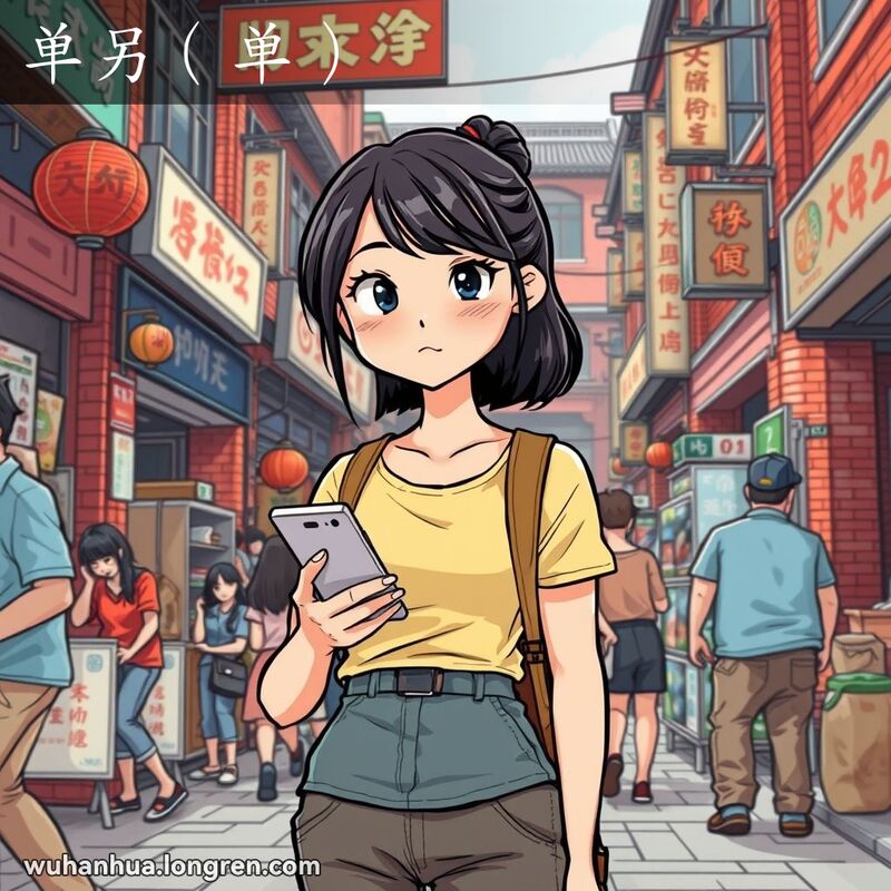 一位年轻女性独自站在武汉街头市场中，手持电话，神情坚定，背景是武汉传统建筑和老式招牌。