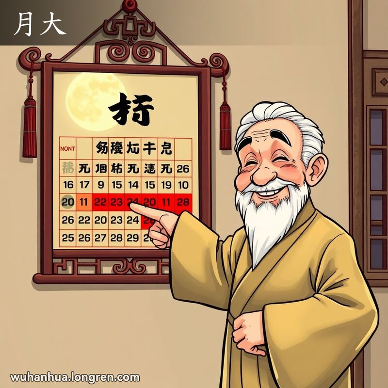一位武汉老人站在农历前，指向一个有30天的大月份，背景是月夜和满月