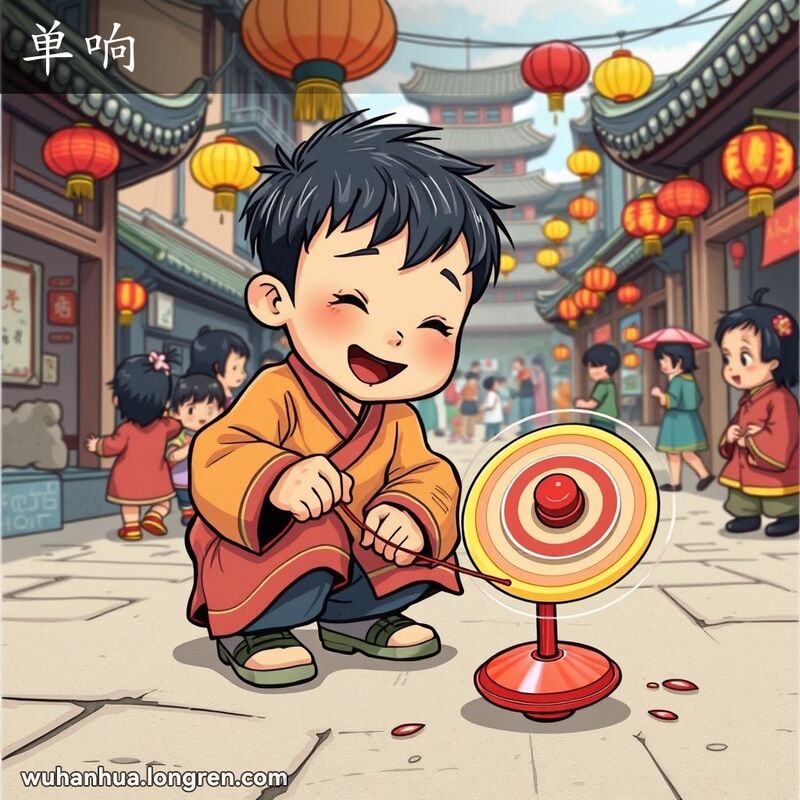 一个孩子在武汉老街上玩单响空竹，背景有传统建筑和其他孩子