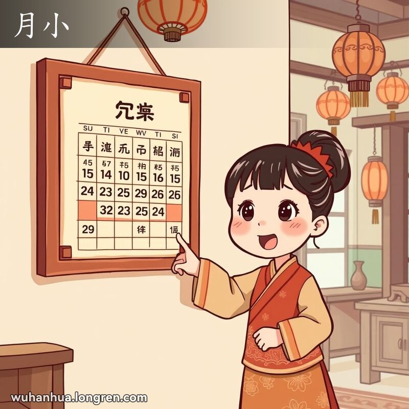 一个小女孩指着农历挂历上的小月份，背景是温馨的老式中国家庭