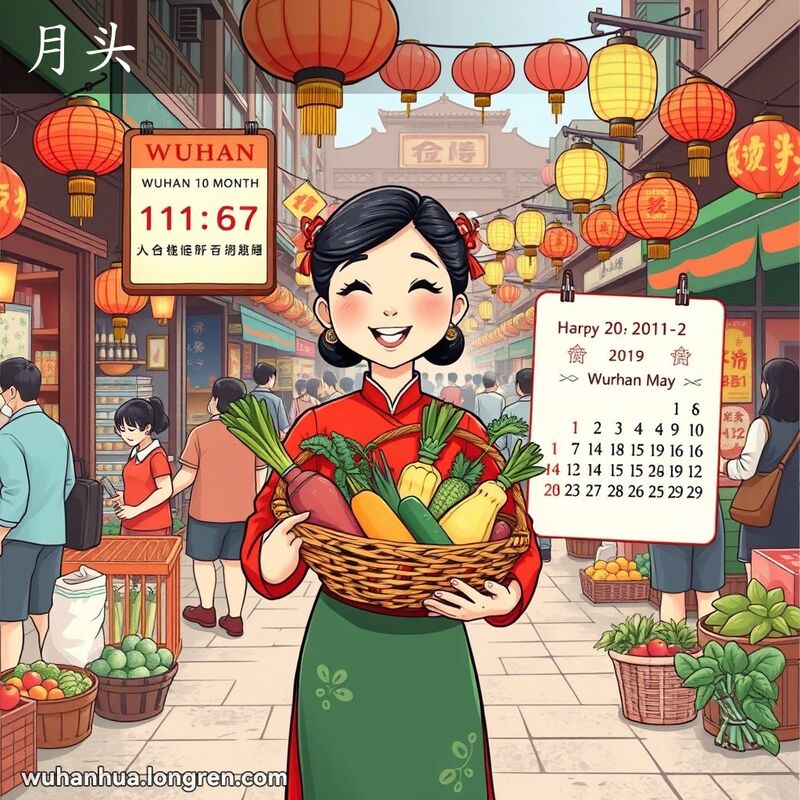 一个月初的武汉街市，妇女手持装满新鲜蔬菜和水果的篮子，背景是繁忙的市场摊位和热闹的顾客