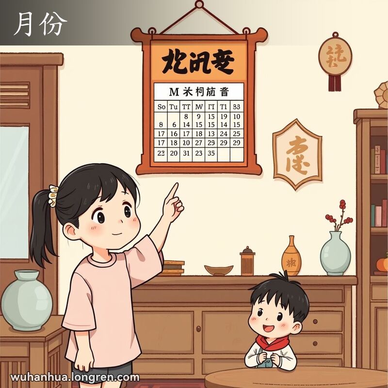 一个小女孩在家中指着挂历向弟弟解释三月份比二月份多几天
