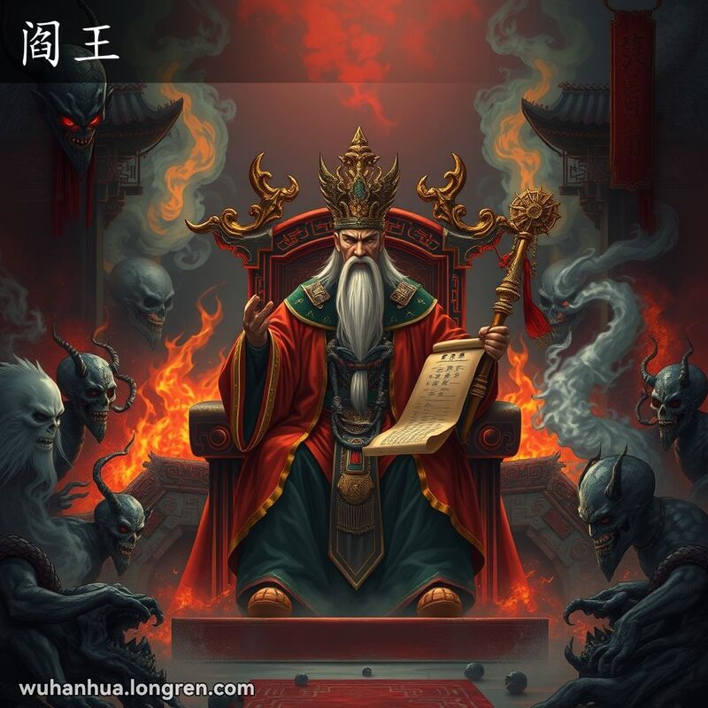 中国传统地狱场景，阎王坐在宝座上，周围有鬼魂和恶魔，背景有火焰和骷髅