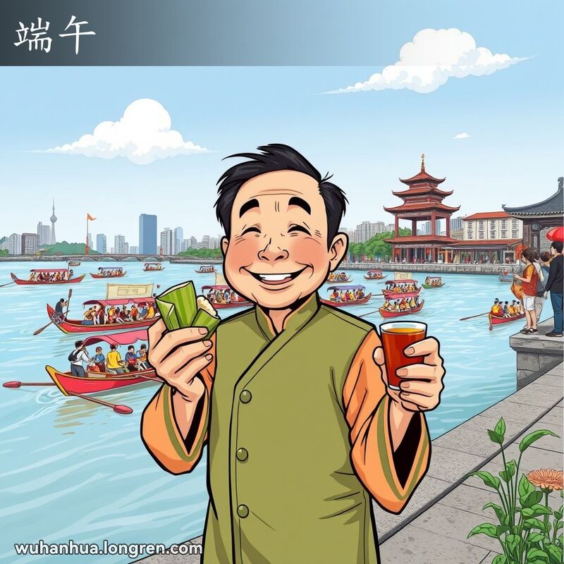 武汉端午节，居民手持粽子和雄黄酒，背景是龙舟竞渡