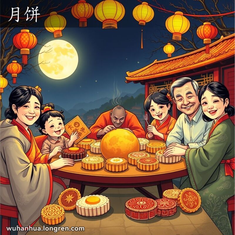 一家人中秋节围坐在桌旁享用月饼，背景有满月和灯笼
