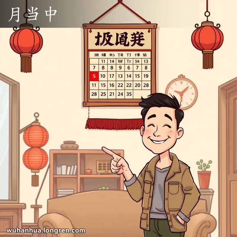 一位武汉市民站在挂有传统日历的墙前，指着一个月中间的日期，背景是温馨的家庭环境