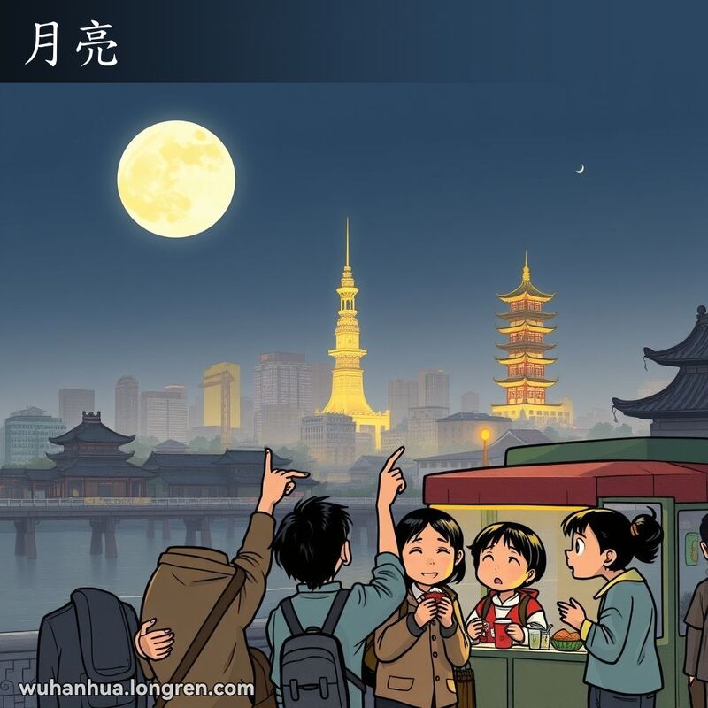 武汉夜空下的黄鹤楼和满月，市民在长江边仰望月亮，背景有传统建筑和反射月光的长江