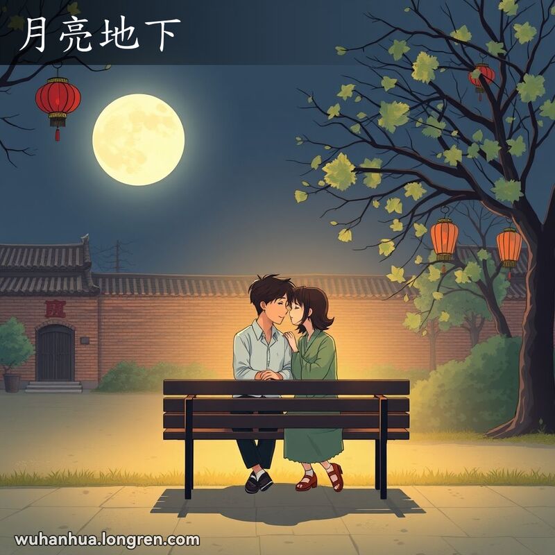 一对情侣在月光下的公园长椅上深情对话，背景是武汉的传统建筑和灯笼
