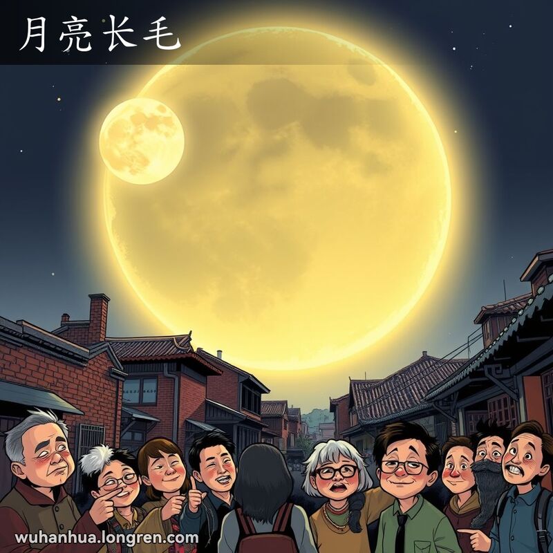 夜空中的满月被光环包围，仿佛长出毛发，武汉当地人指着天空露出惊奇的表情，背景是武汉老建筑和巷子