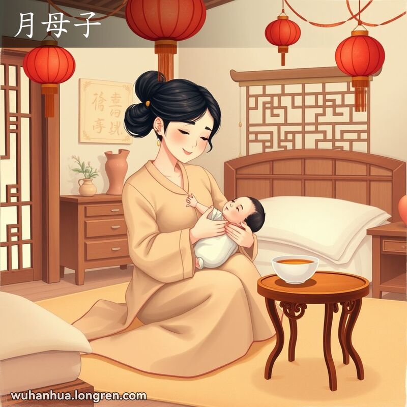 一位新妈妈坐在床上抱着新生儿，旁边有滋补的汤和草药茶，背景是传统中式卧室。