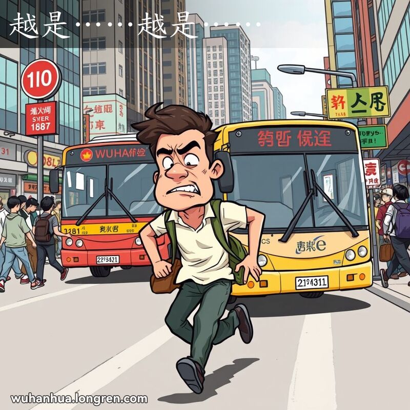 一位武汉市民在街道上急匆匆赶公交车，表情焦虑，背景是繁忙的城市景象