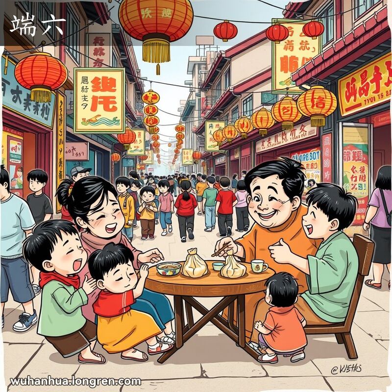 武汉市民在端六节日街头享用粽子，背景是龙舟竞渡海报和彩灯