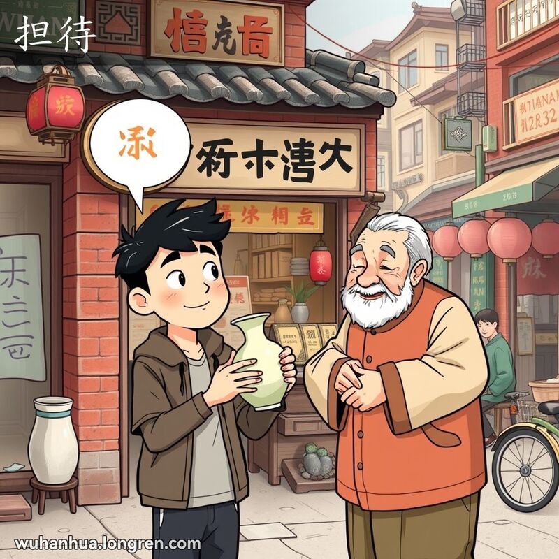 一位年轻人在武汉老街的小店前，手持打碎的花瓶，面对店主露出“担待”的表情，背景是武汉老街景
