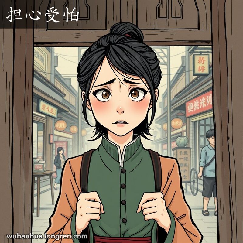 一位武汉年轻女子站在老旧木门前，面露担忧和恐惧的表情，背景是武汉老街景