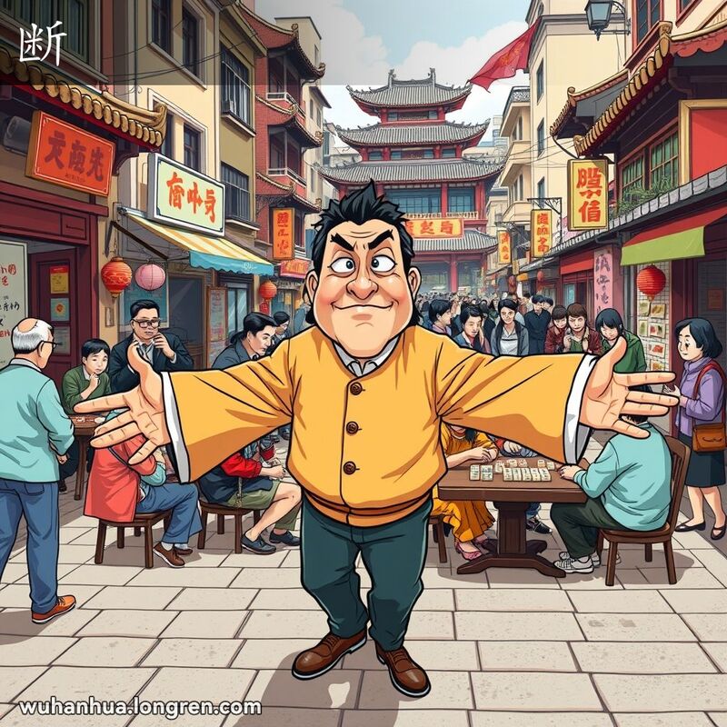 一位武汉男子在街头麻将摊前伸出双臂拦住人群，表情坚定，背景是武汉老街景