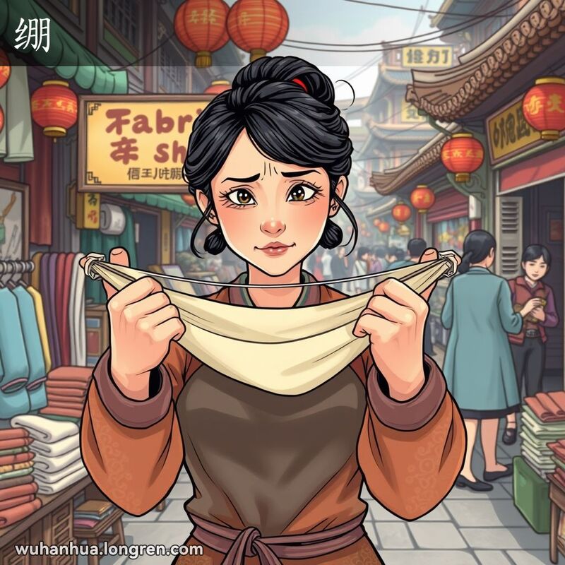 一位女子在武汉市场上双手紧紧拉着一块布，脸上露出吃力的表情，背景是热闹的市场场景。