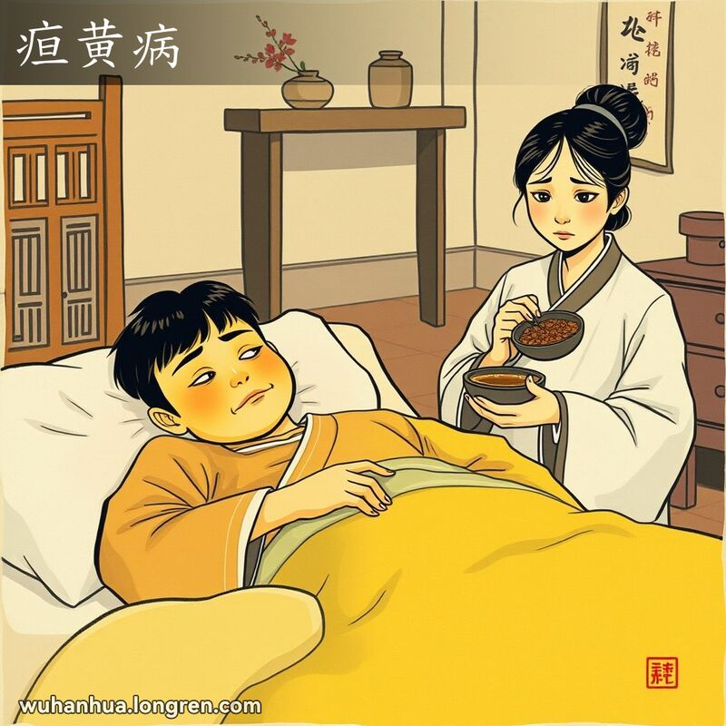 一位武汉市民躺在床上，皮肤和眼球呈现黄色，家人端着草药，面露担忧。