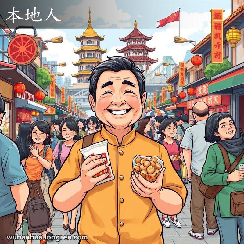 武汉街道上，一位中年男子手拿小吃，背景是黄鹤楼和长江大桥，展示了本地人的生活。