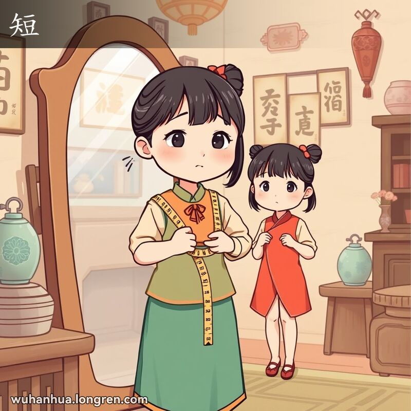 一位年轻女孩站在镜子前，手持尺子，望着镜中的自己，露出略显失望的表情，因为她穿的裙子明显太短，露出了脚踝，背景是一个温馨的老式房间，有木质家具和传统中式装饰。
