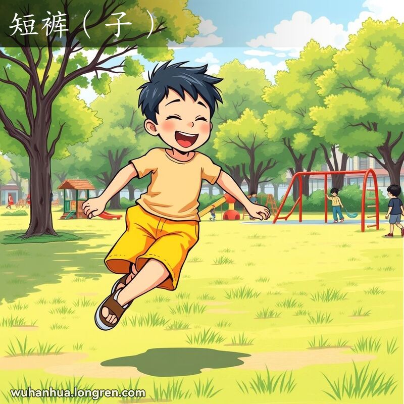 一个穿着鲜艳短裤的小男孩在公园里奔跑、玩耍，背景有绿树和其他孩子。