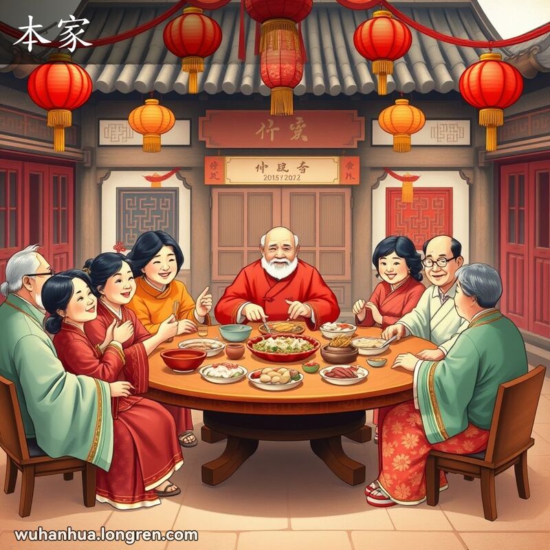 一个传统中国家庭在春节团圆，老人坐在主位，周围是家族成员，背景是传统建筑和装饰，象征同宗族的人