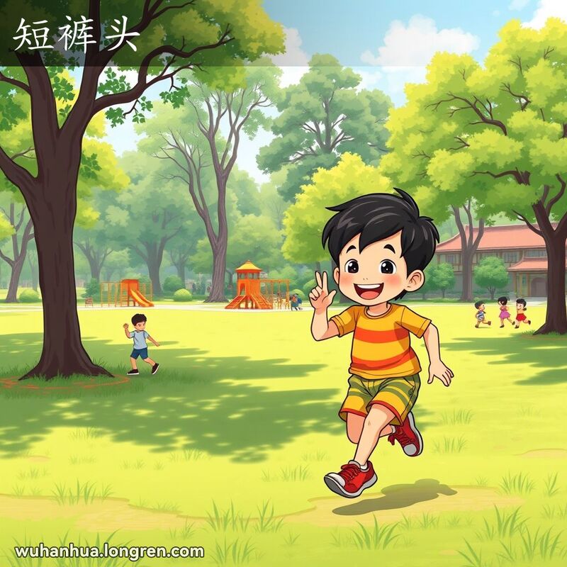 一个穿着短裤的小男孩在公园里快乐地玩耍，背景是绿意盎然的公园和其他孩子。