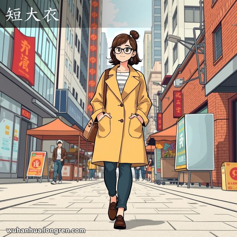 一位武汉年轻女性穿着短大衣走在繁忙的街道上，背景是现代建筑和传统武汉街景