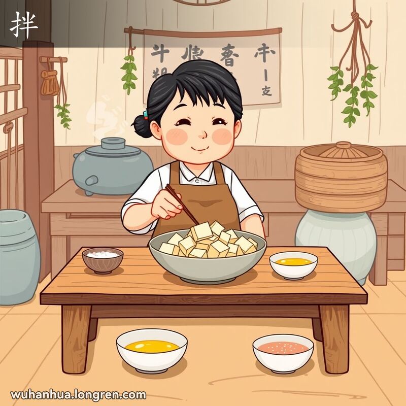 一位武汉中年妇女在厨房里用油盐搅拌豆腐，背景是温馨的中式厨房
