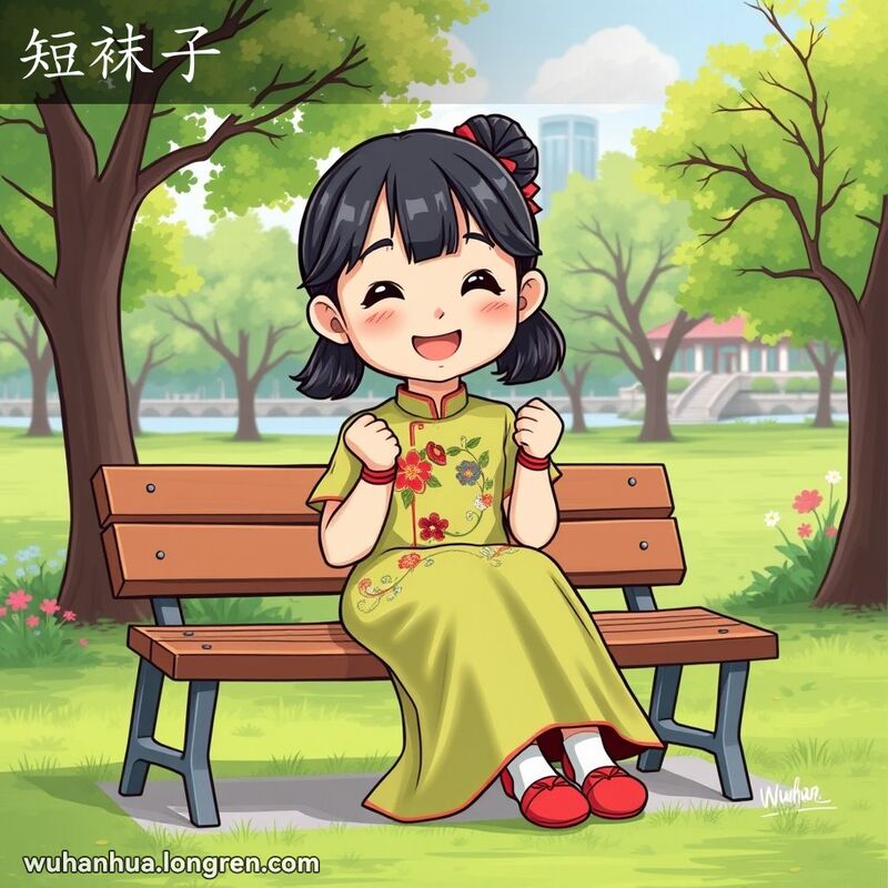 武汉小女孩坐在公园长椅上，开心地展示她的新短袜子，背景是绿树成荫的公园和长江景色。