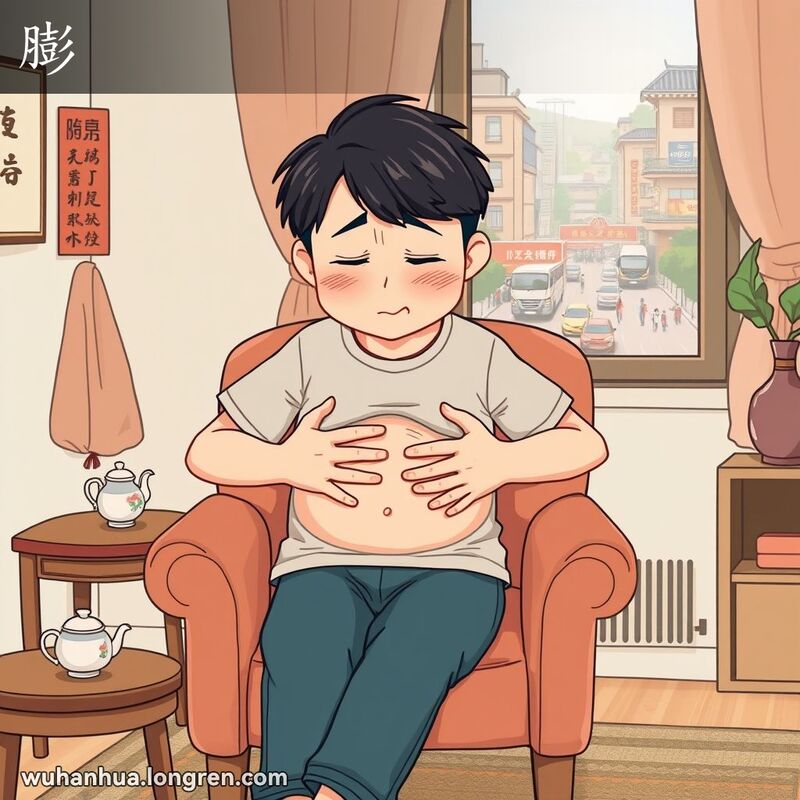 一位武汉市民坐在椅子上，双手捂着肚子，面露痛苦和不适的表情，肚子明显胀大，背景是温馨的客厅，桌上有传统的中式茶具，窗外是繁忙的武汉街景