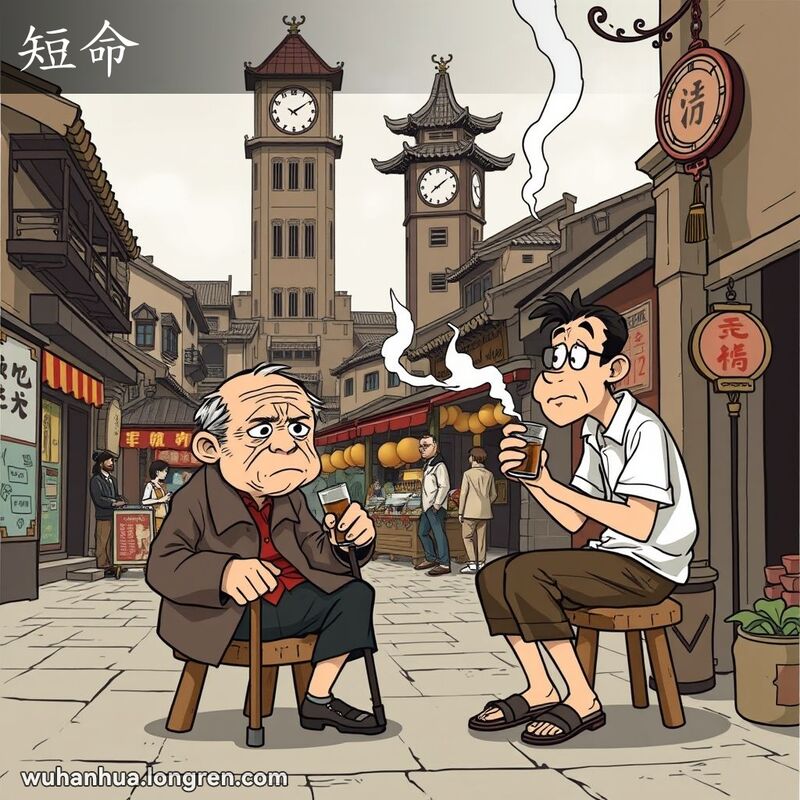 一位老人坐在小木凳上，手持拐杖，担忧地看着吸烟饮酒的年轻人，背景有时钟塔和中国日历，象征生命短暂。