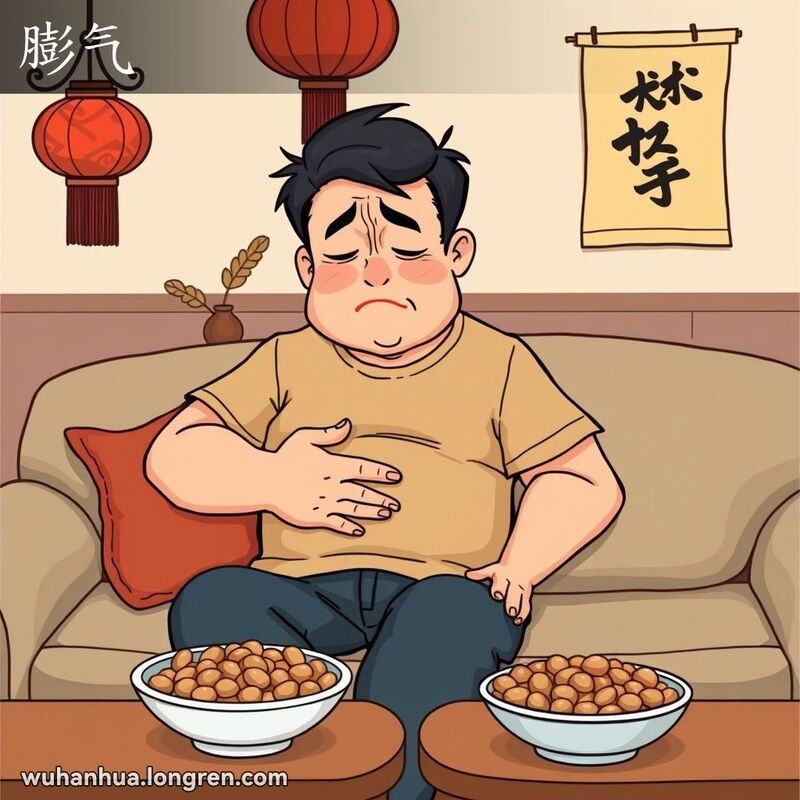 一位男子坐在沙发上，捂着肚子，面露痛苦之色，旁边有一碗豆子，背景是温馨的客厅。