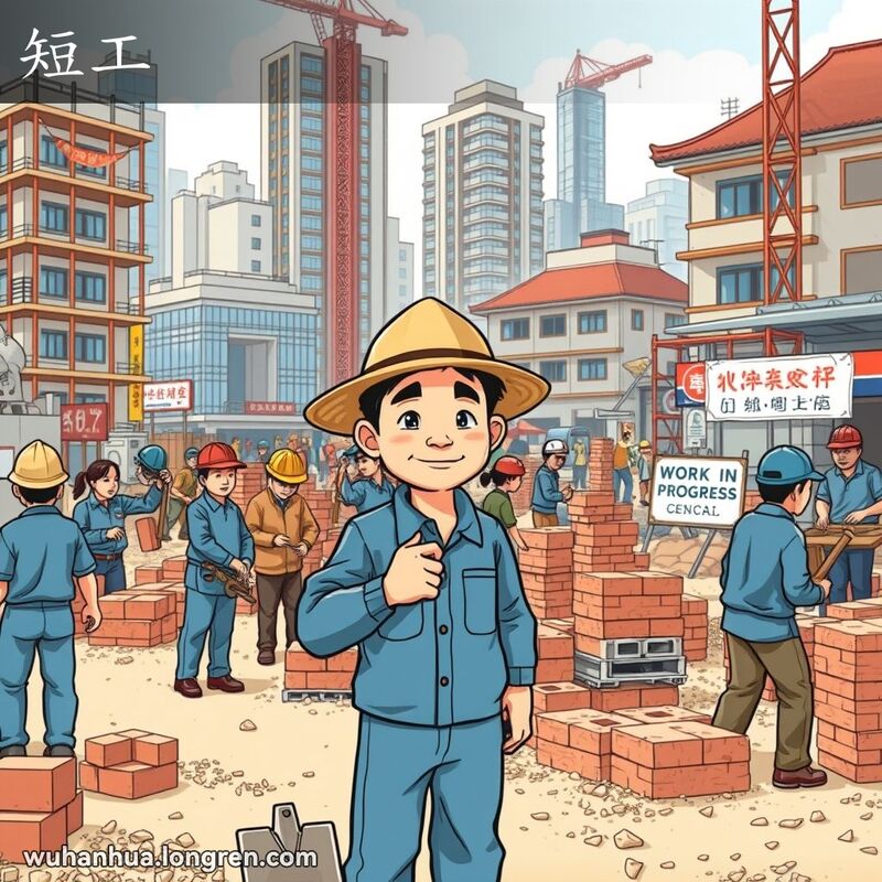 一个繁忙的武汉建筑工地，工人们忙于各种任务，其中一位穿着蓝色工作服和草帽的男子手持铁锹，脸上带着临时工人的表情。