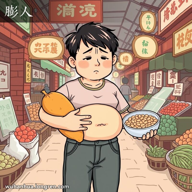 一位武汉市民在市场中手持红薯和泡豆，腹部膨胀，面露不适之色，背景是武汉市场景象