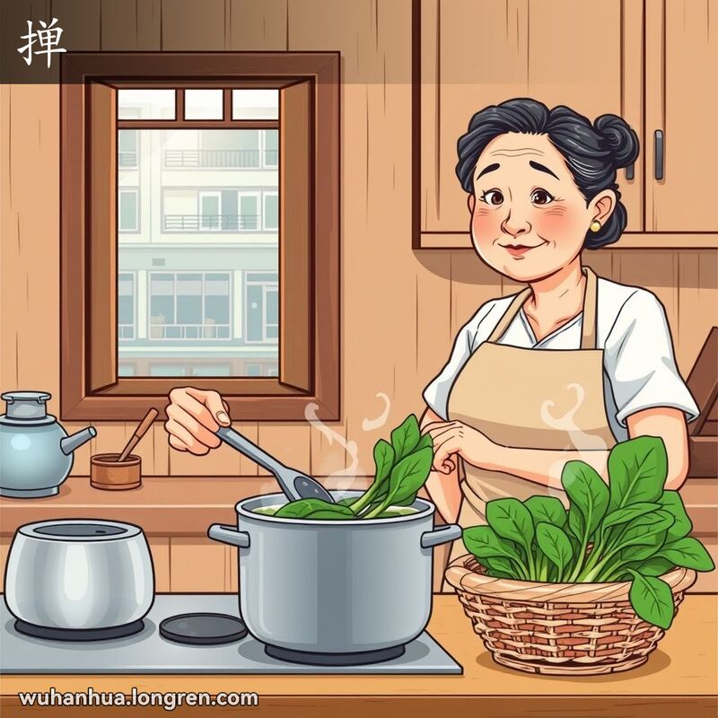 一位中年妇女在武汉厨房中焯水蔬菜，背景是传统的武汉街景