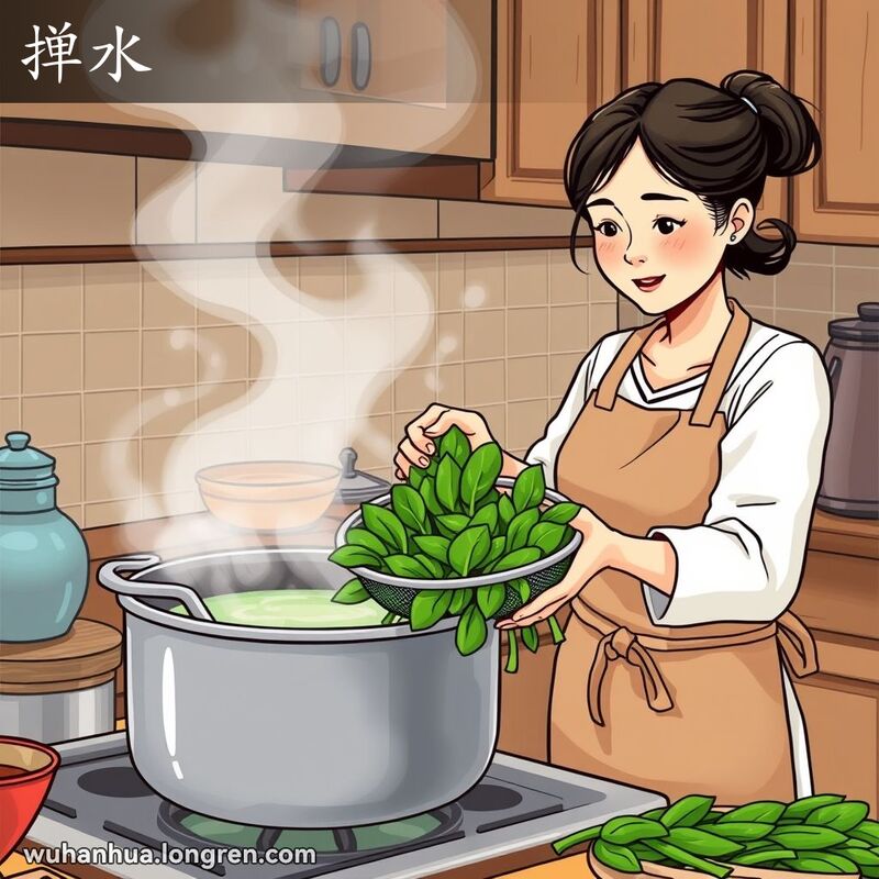 一位武汉妇女在厨房中用漏勺将菠菜放入沸水中焯水，背景是温馨的厨房
