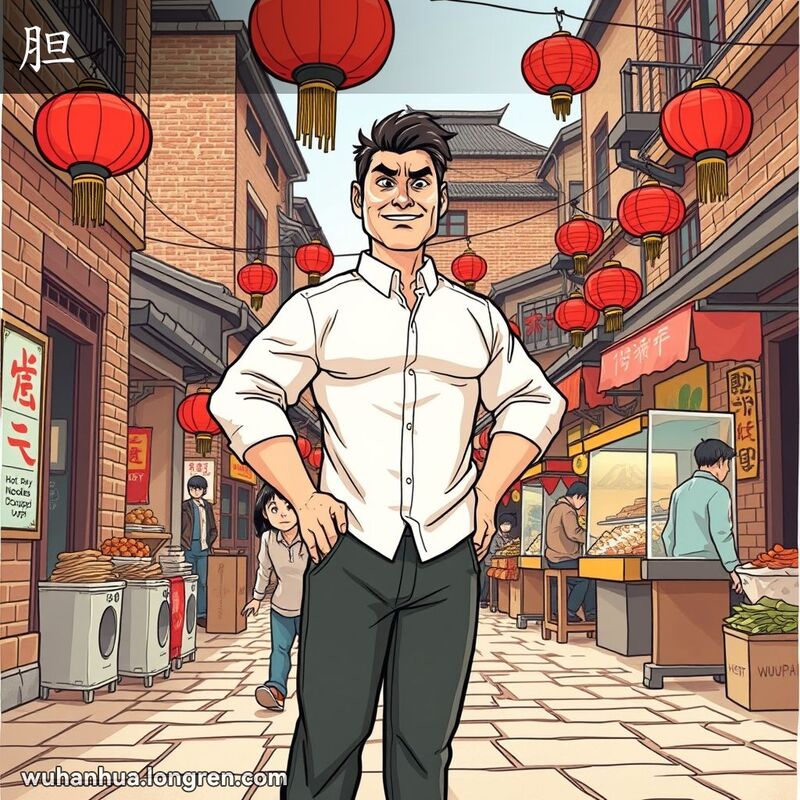 武汉街头，自信男子站在前景，背后是胆小的人，市场热闹，摊贩售卖热干面和豆皮