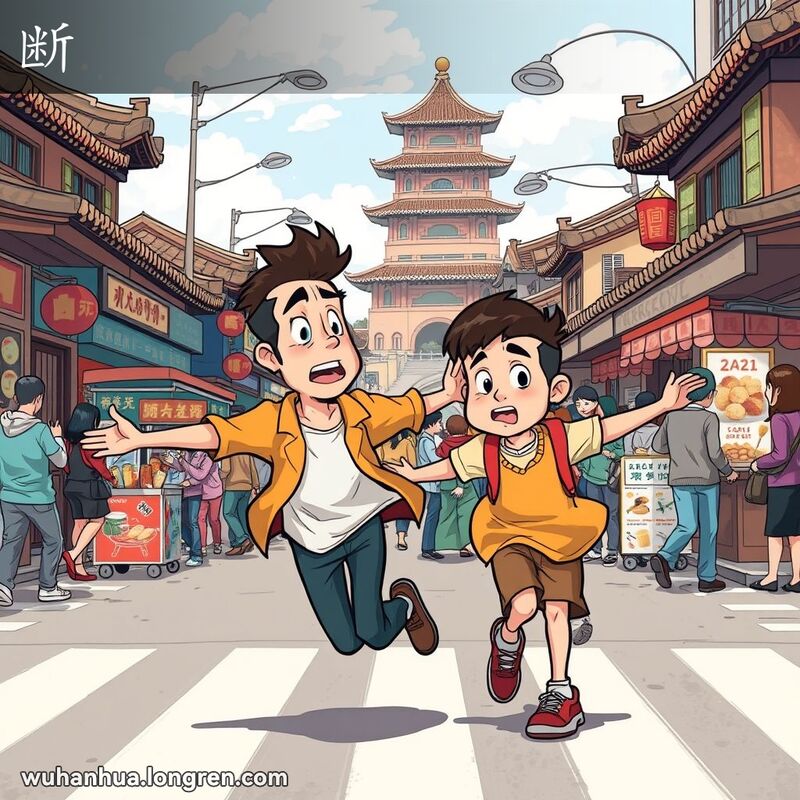 一位年轻人在武汉街头急忙阻止朋友过马路，背景有小贩和黄鹤楼