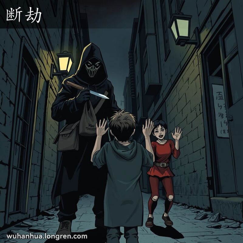 黑衣蒙面人在武汉小巷里威胁受害者，表现“断劫”的场景