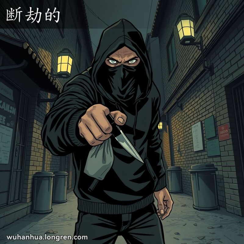 一个戴着黑色帽衫和面具的男子，手持刀和袋子，站在武汉老街区的阴暗小巷中，眼神凶狠，姿态威胁，背景是老旧的砖墙和狭窄的巷道
