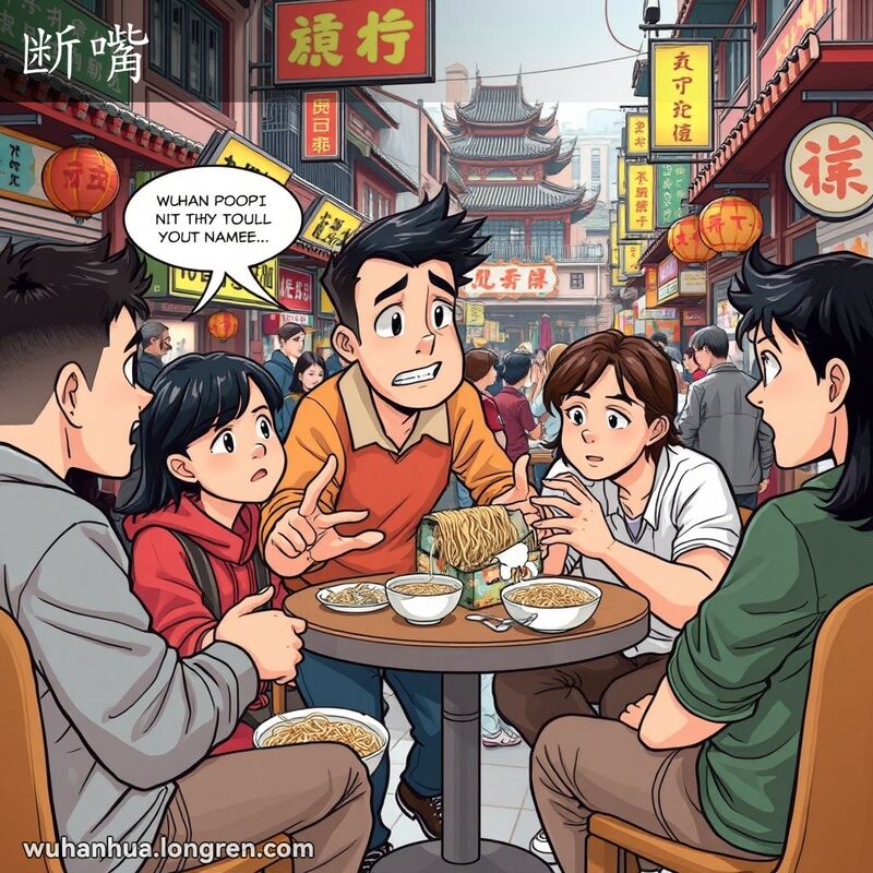 一群朋友在武汉街头小摊前聚餐，一位年轻男子正在劝阻他的朋友们，背景是热闹的街景。