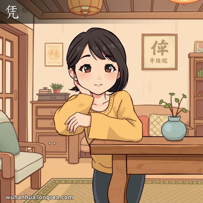 一位年轻女子在武汉传统客厅中倚靠桌子，手扶桌面，背景有茶具和盆栽